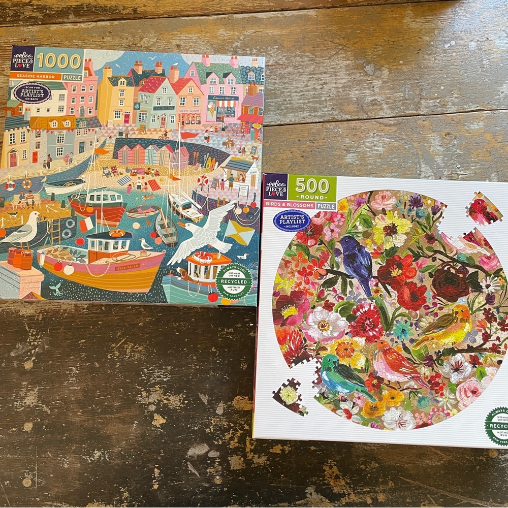 TWO colorful eeBoo puzzles featuring birds - 1000 piece + 500 piece round